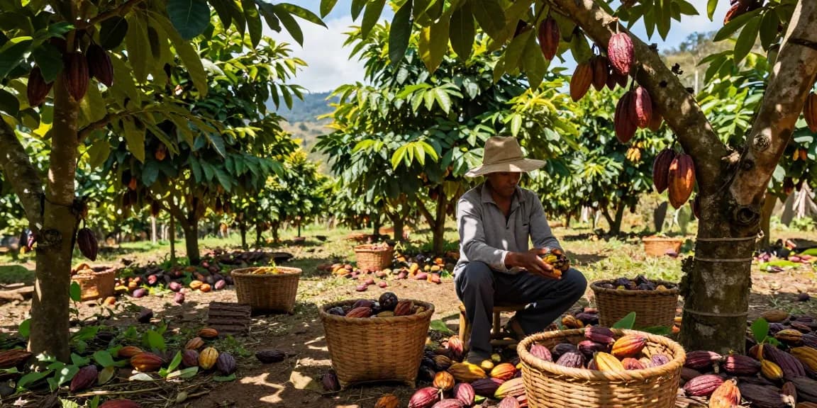Cocoa harvest showcasing m98 with vibrant pods in a lush plantation.
