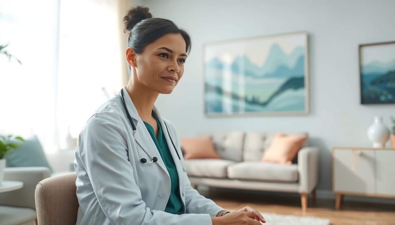 ADHD Therapist providing support in a calm office setting with soothing colors and natural light.