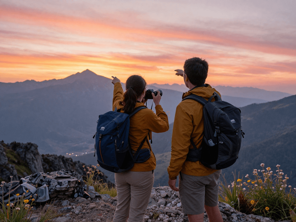 Pasangan petualang di puncak gunung saat delapantoto, menikmati pemandangan indah saat matahari terbit.
