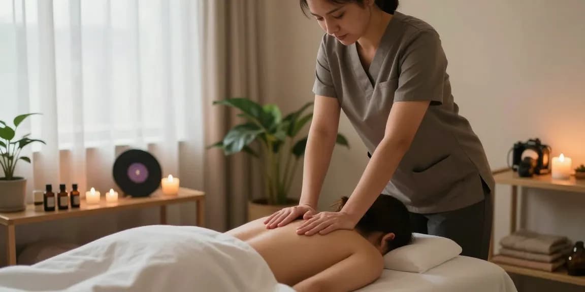 마사지 받을 때 아로마 오일과 캔들로 차분한 분위기의 마사지샵