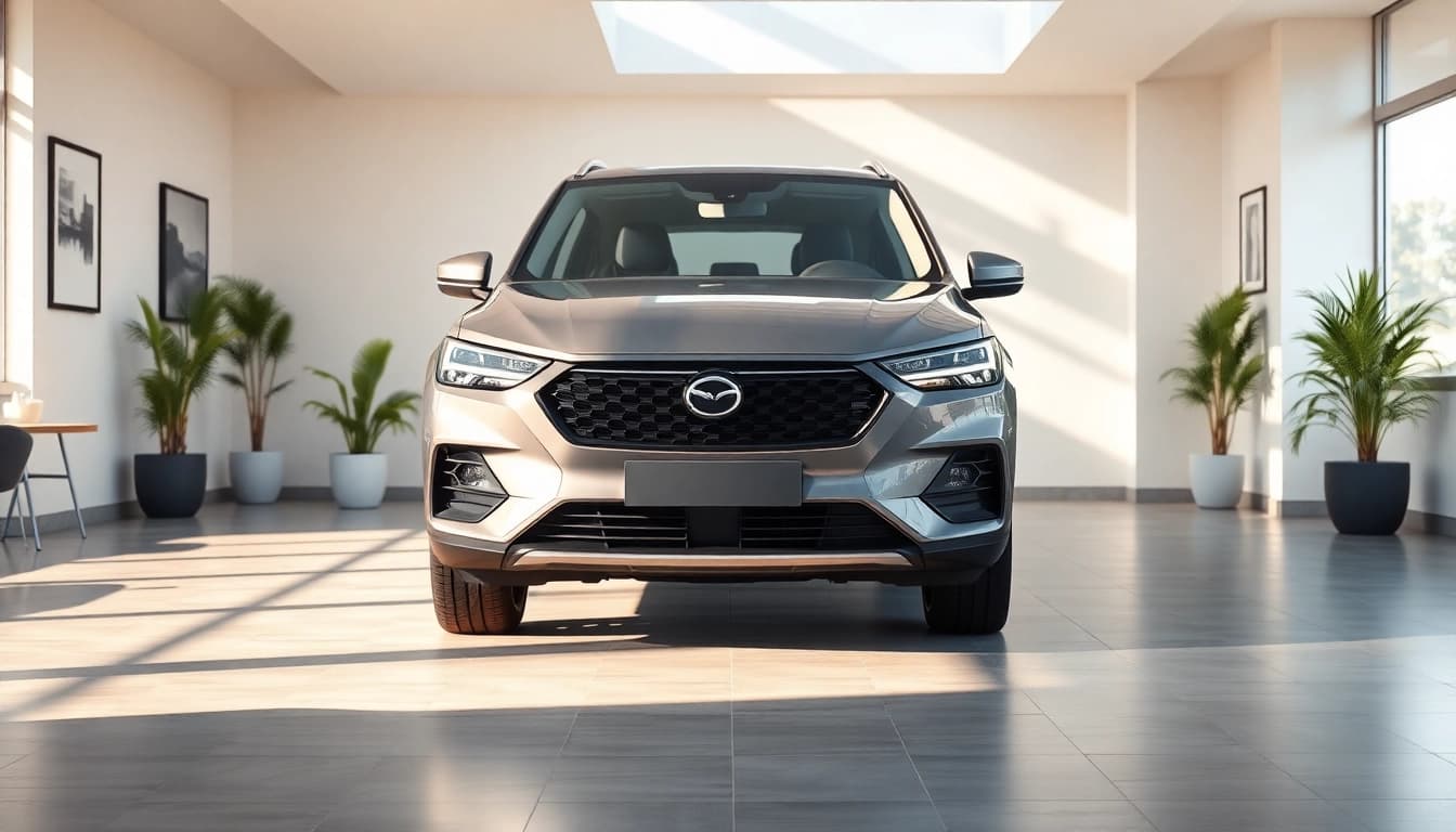 Buy New Car showcased in a stylish showroom, inviting potential customers.