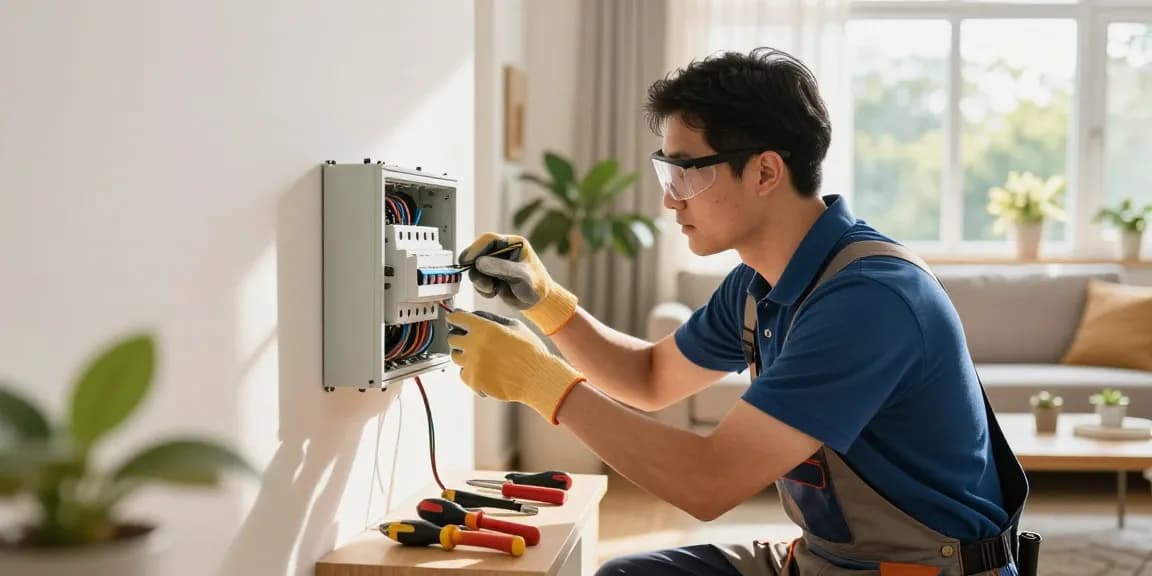 24 hour electrician in Birmingham troubleshooting a circuit panel in a bright home interior.