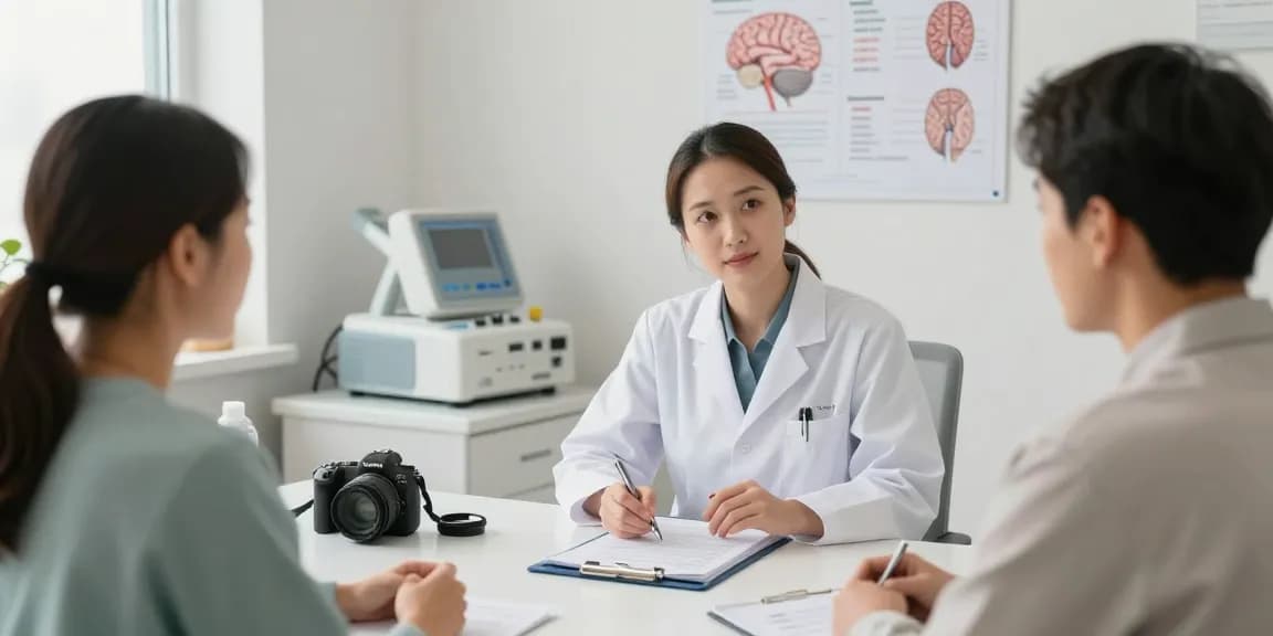 Migraine treatment UAE consultation scene in a healthcare clinic.
