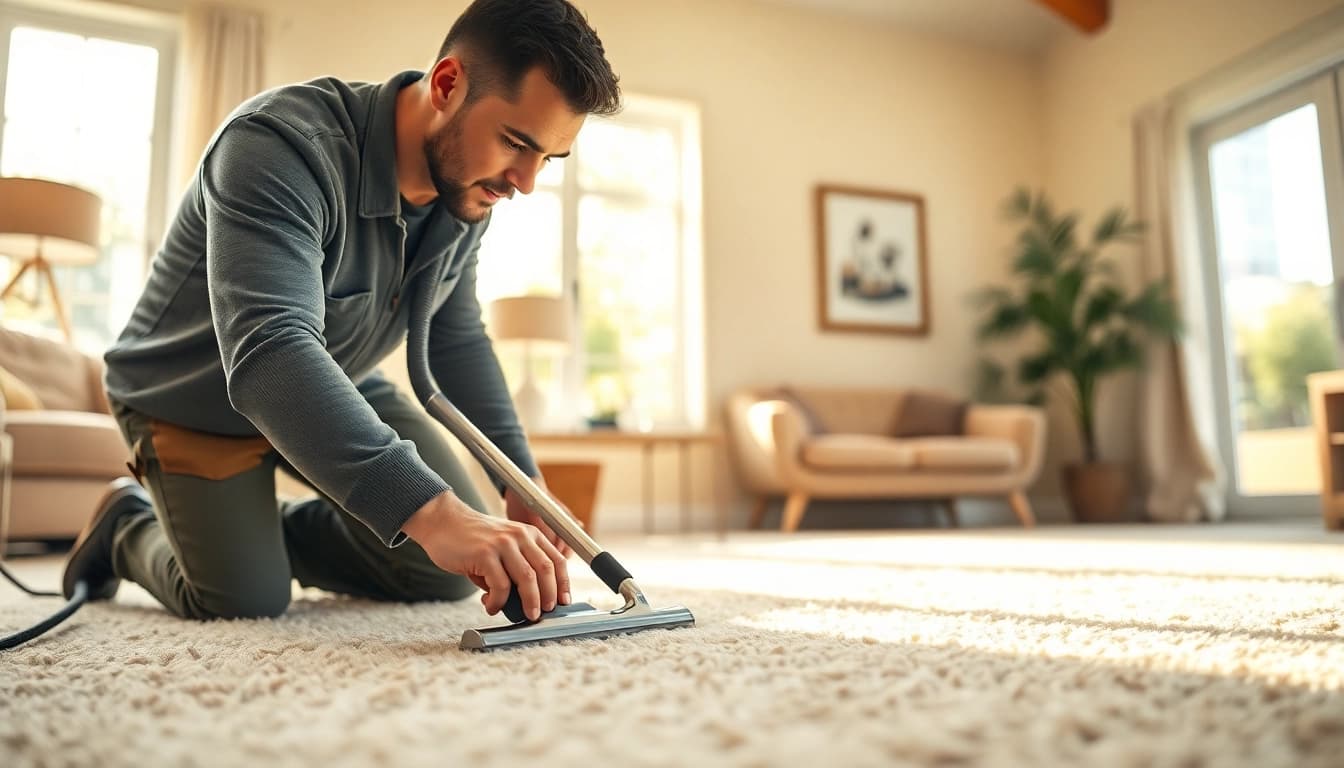 Veteran owned carpet cleaning California technician expertly cleaning a plush carpet in a bright home.