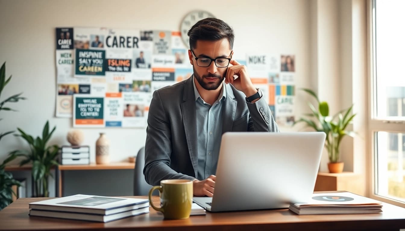 Visualize your Ideal career possibilities with a professional reflecting in an inspiring office.