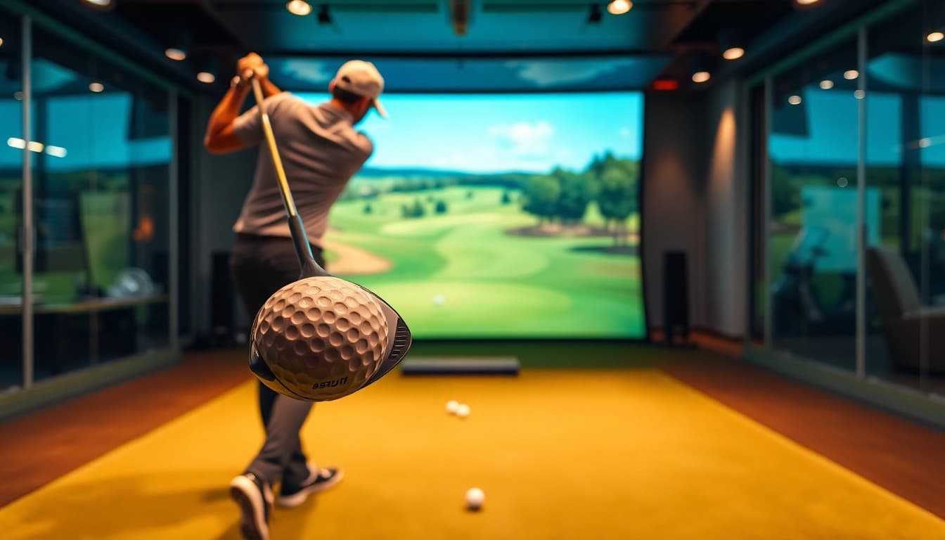 Golfer using a simulator to practice swings in a modern indoor facility.