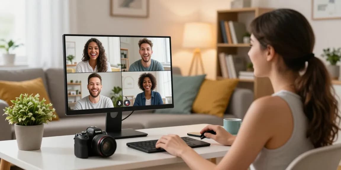 Join engaging video chats on سكس عرب with friends in a cozy living room setting.