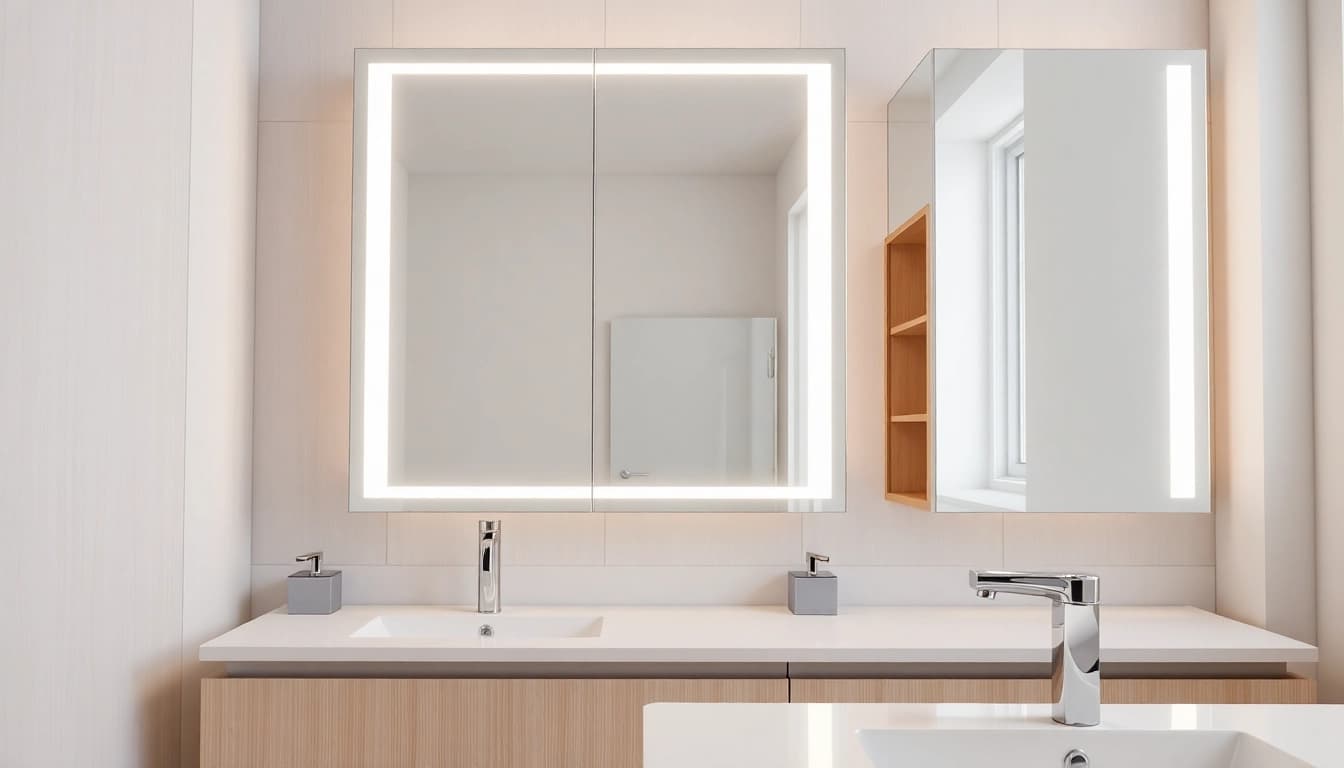 Besonderer spiegelschrank bad mit Beleuchtung im modernen Badezimmer, elegant und funktional.