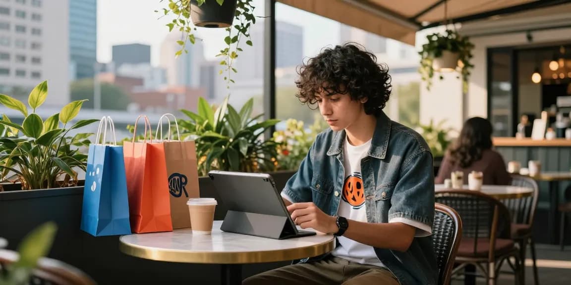 Person exploring the Acbuy spreadsheet for trendy apparel shopping at urban café.