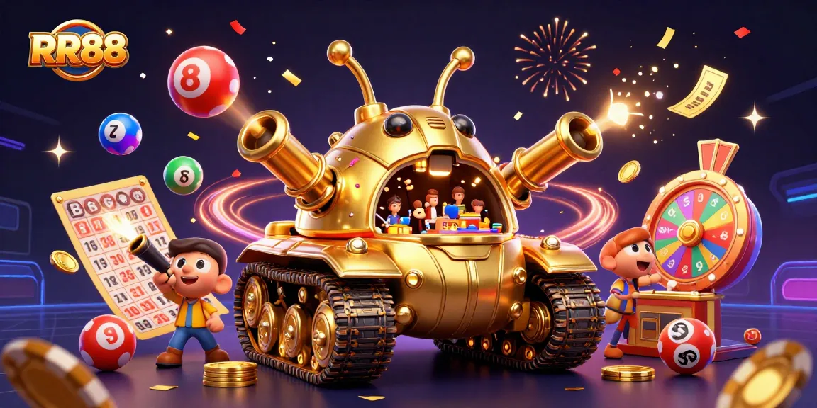 RR88 lively casino scene with a golden beetle tank, lottery balls, and vibrant prizes raining down.