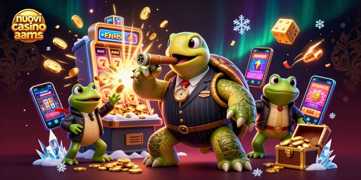 Gioca nei nuovi casino non aams con una vivace scena di una tartaruga in giacca che trionfa con i jackpot.