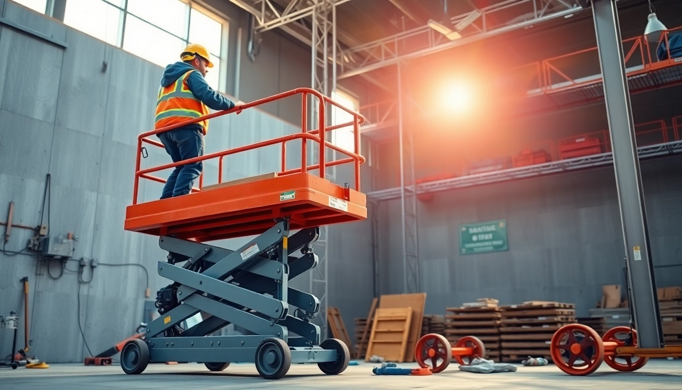 Worker operating a manlift for maintenance tasks at a construction site.