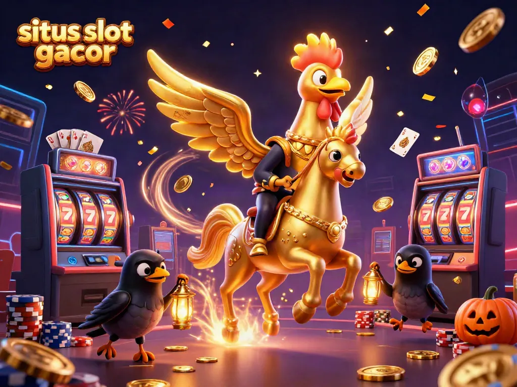 Experience the thrill of situs slot gacor with a mystical golden rooster in a vibrant casino.