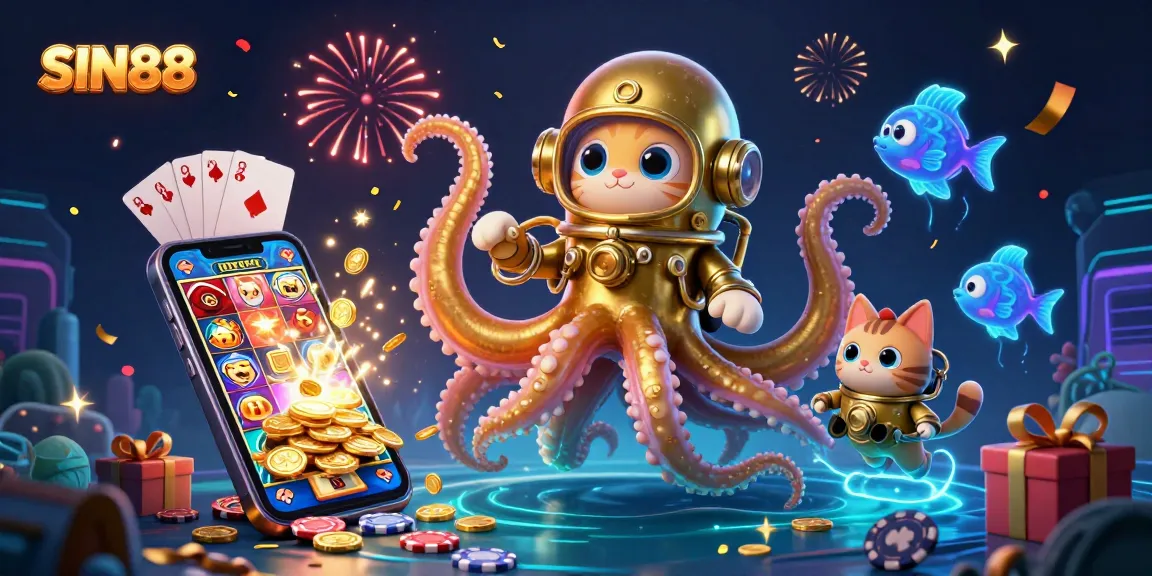 SIN88 sparks excitement with a kraken, diving cat, and casino elements in a vibrant 3D illustration.