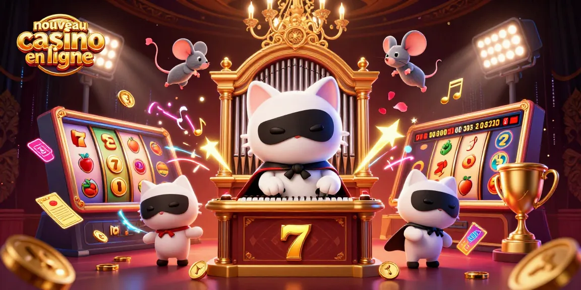 Découvrez un nouveau casino en ligne avec une illustration captivante mêlant un chat masqué jouant de l'orgue et des symboles de jeux de machines à sous.