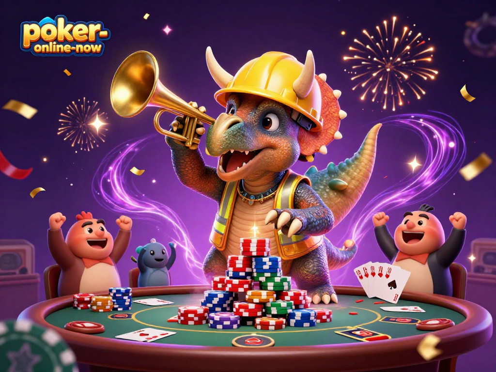 Engage with poker-online-now as a vibrant triceratops builds poker chip pyramids in celebration.