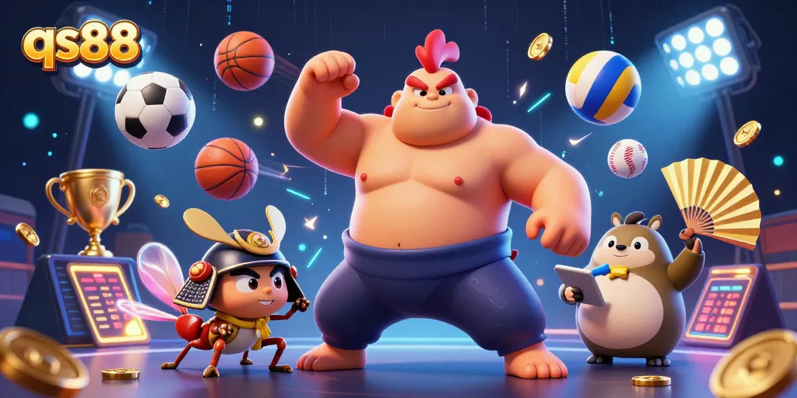 Experience the thrill of qs88 with a vibrant casino scene featuring a sumo wrestler rooster and samurai cricket.