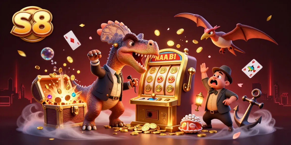 The s8 casino scene captures excitement as a pachycephalosaurus hits a jackpot with flying coins.