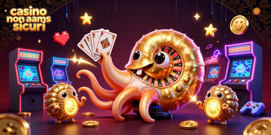 Giocando ai casino non AAMS sicuri con un nautilo gigante e macchine arcade colorate.