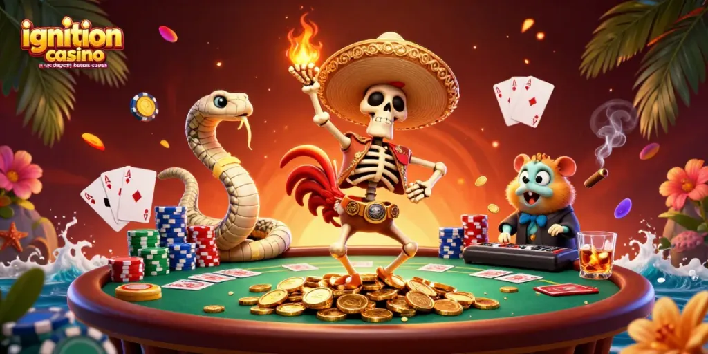 Celebrate winning with ignition casino no deposit bonus codes, featuring vibrant 3D casino characters and poker elements.