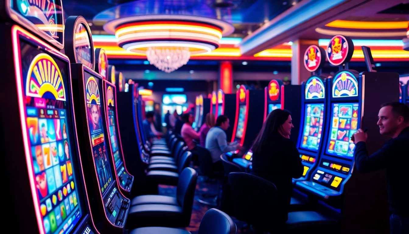 Engaging slot gambling environment capturing players enjoying vibrant slot machines.