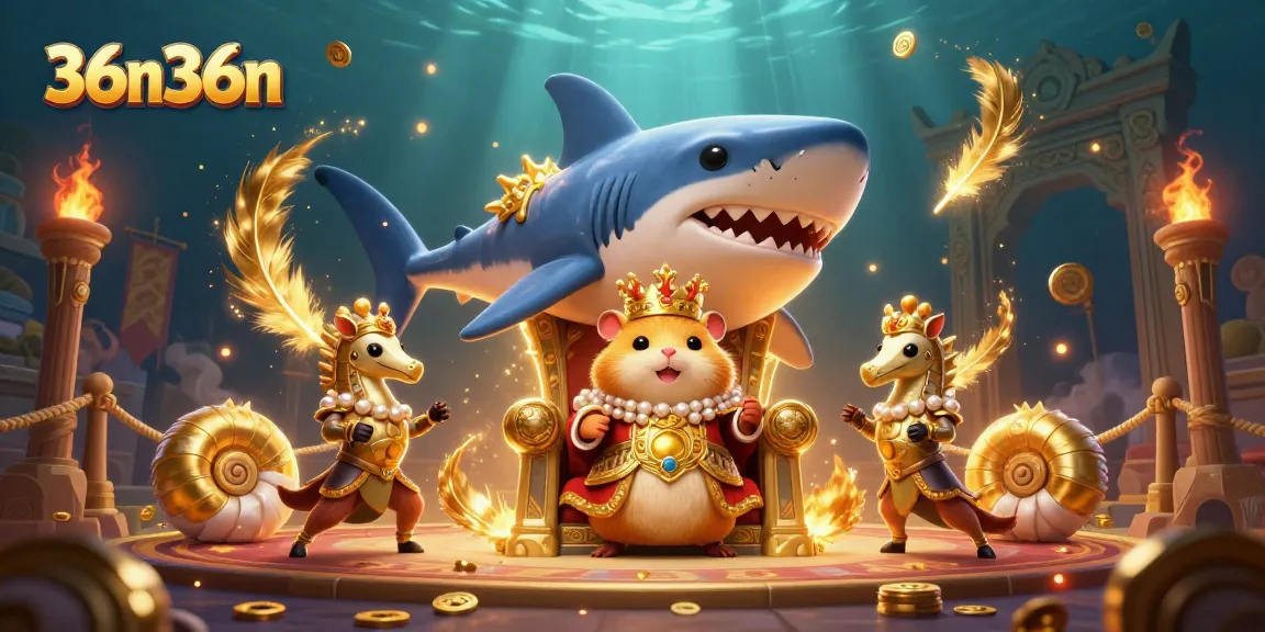 O cenário 36n36n apresenta o rei hamster dourado em um trono de dente de tubarão, rodeado por elementos de cassino vibrantes.