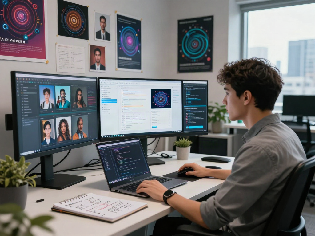 AI Image Detector analysis in a high-tech workspace with monitors.