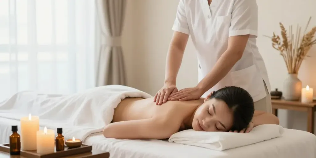 Professional therapist providing 출장안마 in a tranquil spa environment with calming elements.
