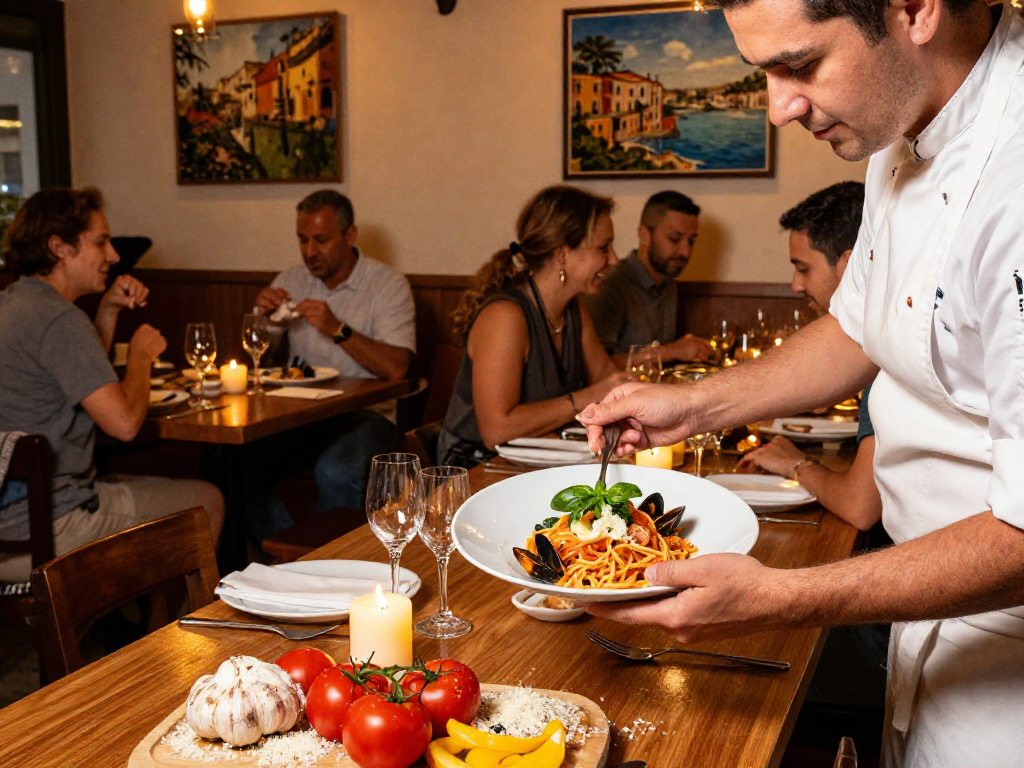 Dining scene featuring lavowin seafood pasta dish in a cozy Naples restaurant.