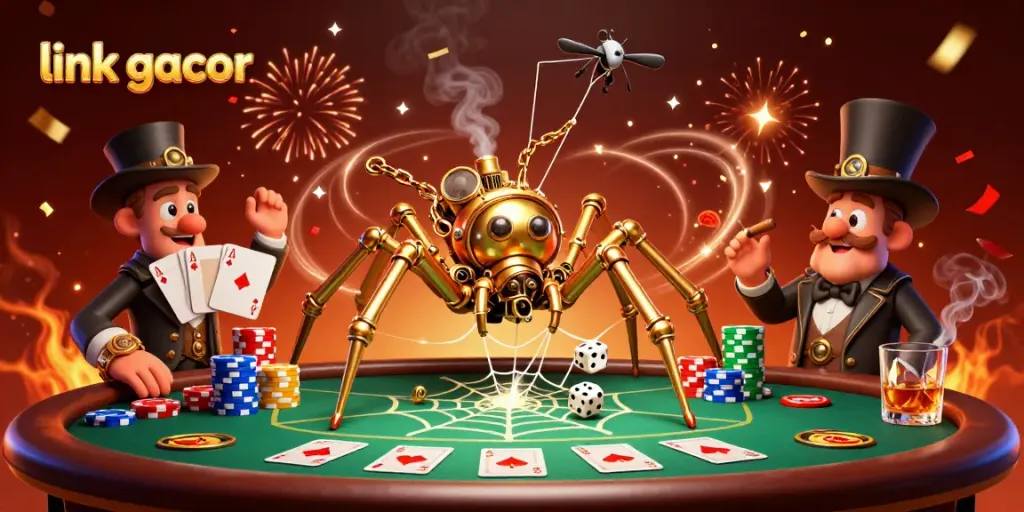 Catch unlucky dice in the web of a steampunk spider in this vibrant link gacor-themed gambling illustration.