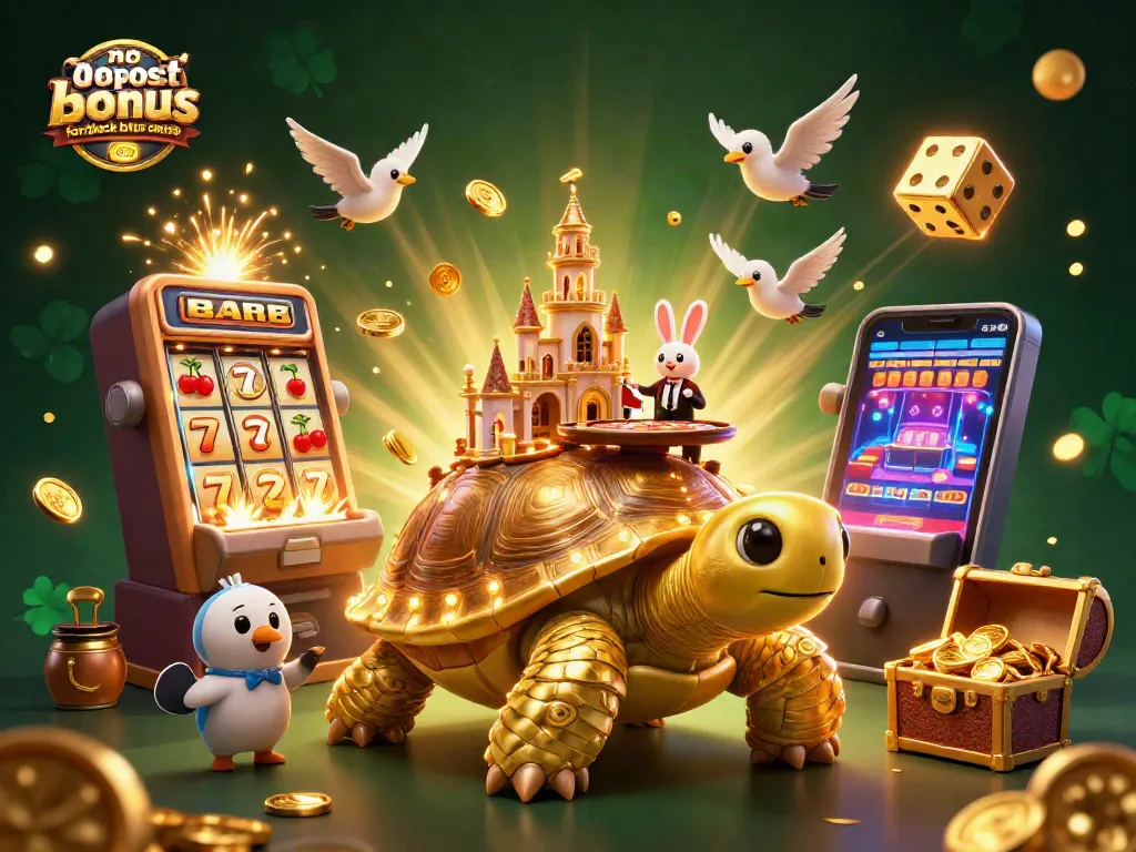 No deposit bonus codes for black lotus casino illustrated in a vibrant 3D scene with a golden tortoise and festive slot machine.