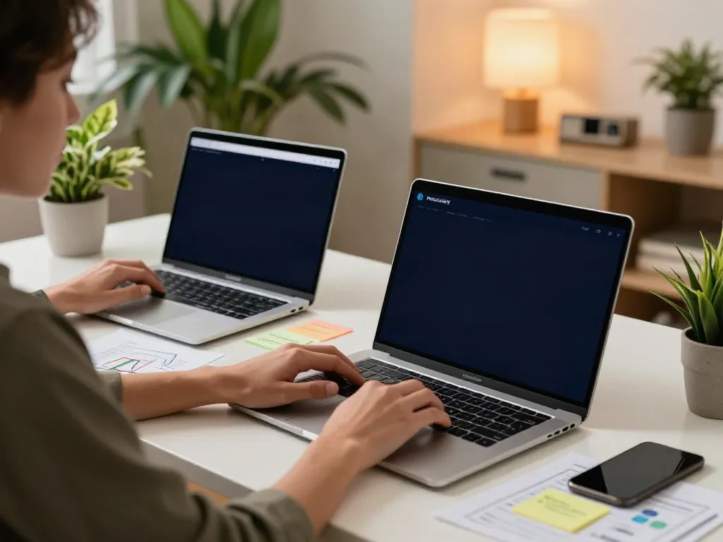 Professional using Insanony app on a laptop in a vibrant workspace.