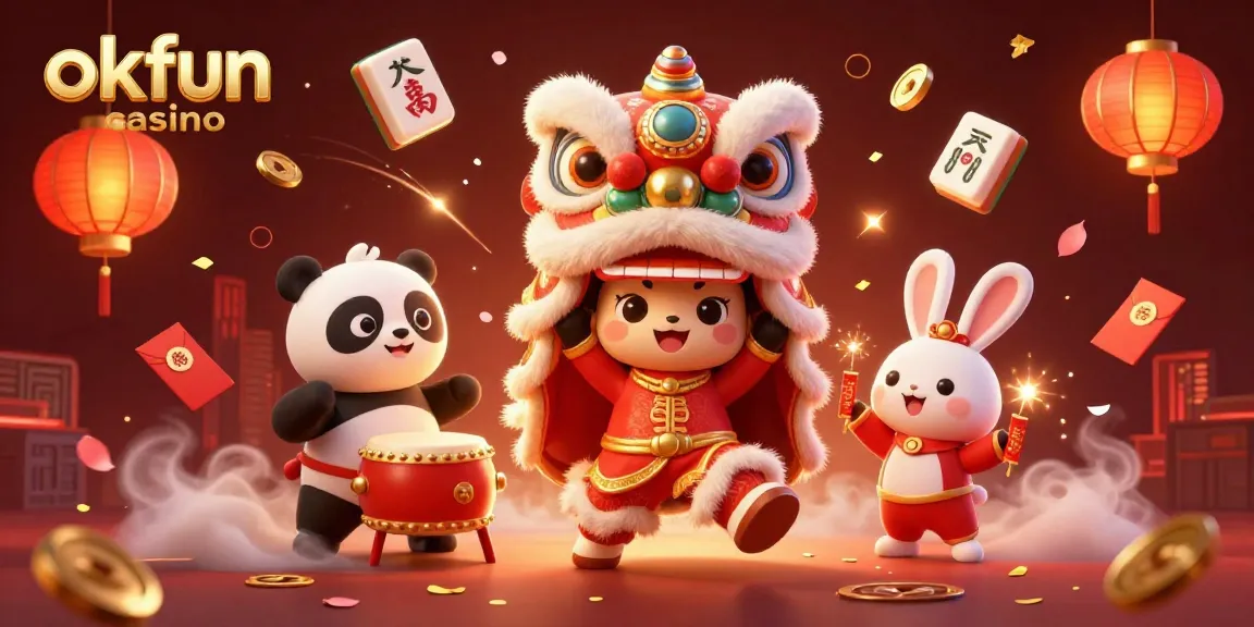 Experience the excitement of okfun casino with a vibrant 3D illustration featuring gaming elements and festive characters.