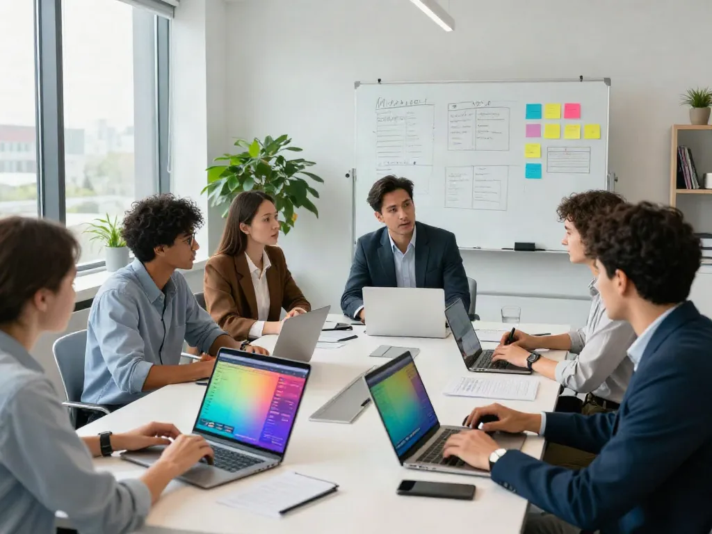 Team of professionals collaborating in a modern office setting, discussing bpinetempresas strategies.