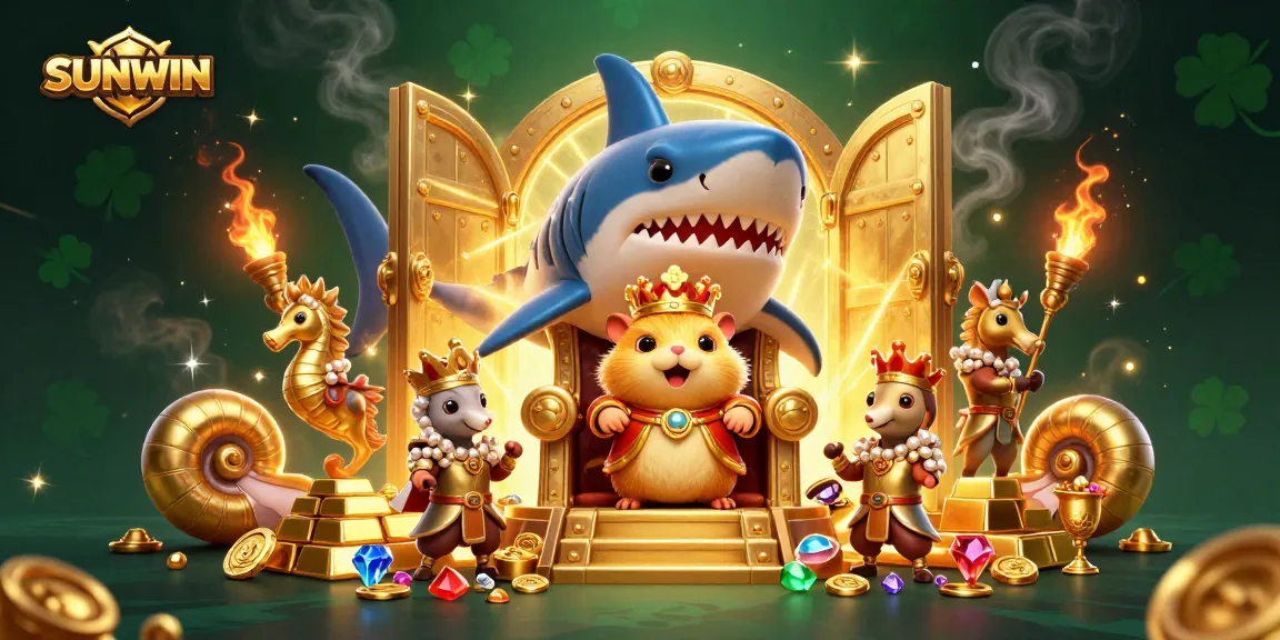 SUNWIN showcases a golden hamster king on a megalodon throne amidst treasure elements in a vibrant casino setting.