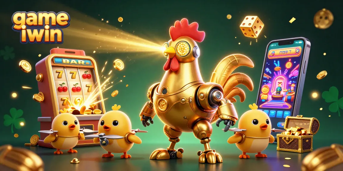 Experience the excitement of game iwin with a cartoon golden rooster robot amid lively casino elements.