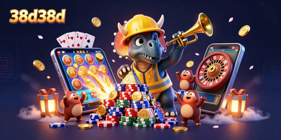 Join the fun of 38d38d as a triceratops builds poker chips in a vibrant casino scene.