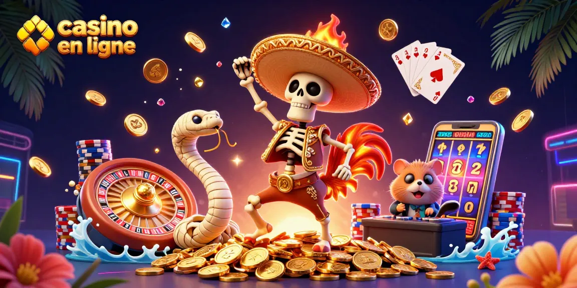 Une scène colorée de casino en ligne animée par un rooster mariachi, une serpente momie et un hamster DJ.