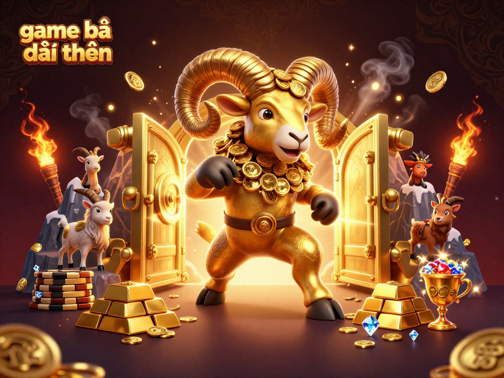 Experience the thrill of game bài đổi thưởng with majestic golden ram charging through treasures in a vibrant casino scene.