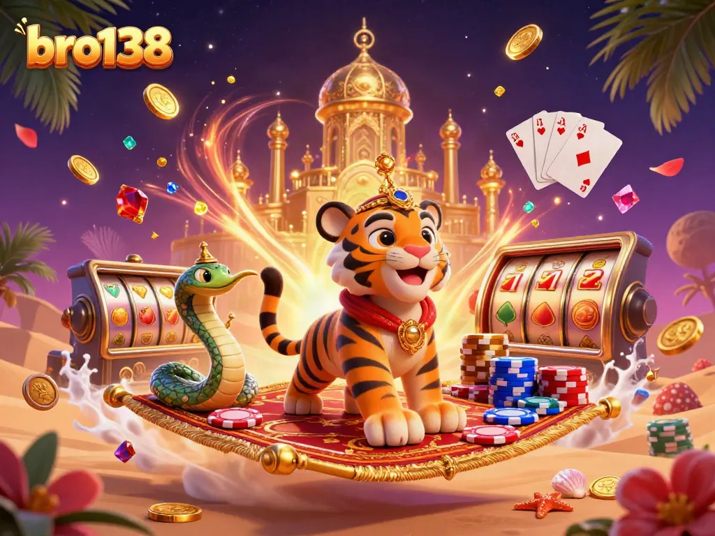 Experience bro138's thrilling jackpots with a vibrant casino scene featuring a sultan and magic elements.