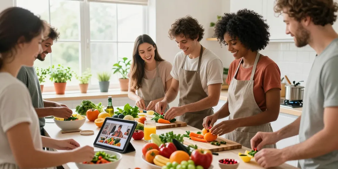 Friends enjoying a vegan cooking class featuring vegan astaxanthin ingredients in a bright kitchen.