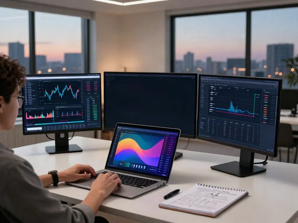 Real-time stock data from 美股API displayed on multiple screens in a modern trading workspace.