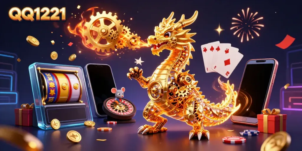 Experience QQ1221 with a golden dragon and engaging slot game elements exploding with excitement.