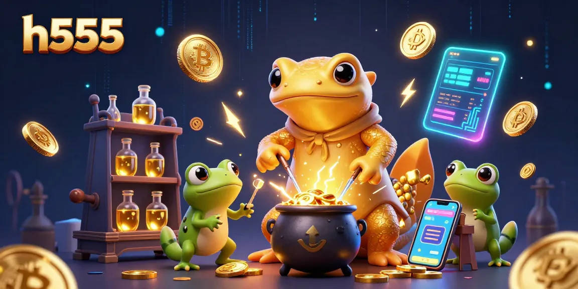 Play and win big with h555, featuring a whimsical 3D casino scene of a golden alchemist.