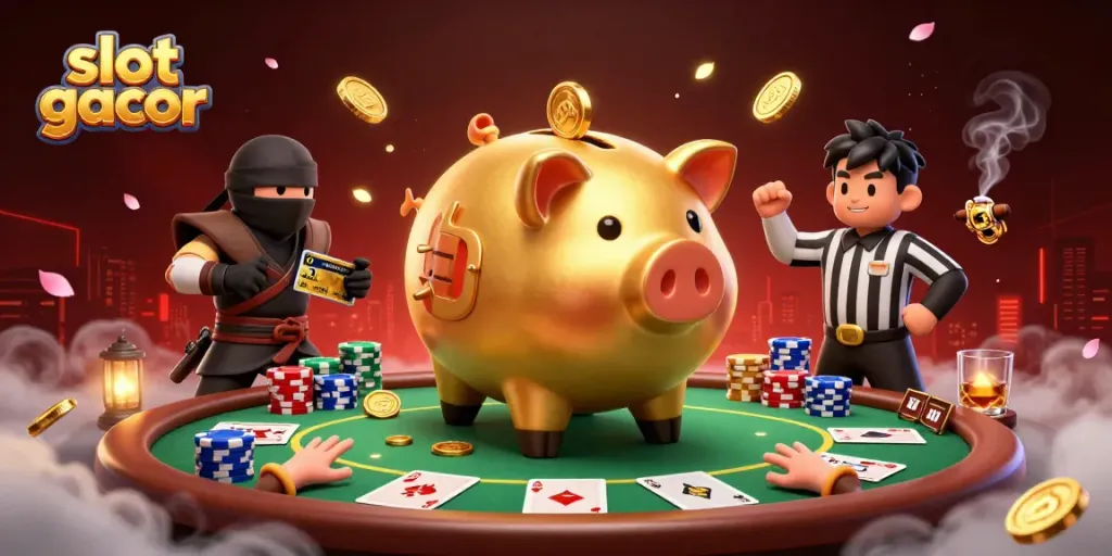 Experience excitement at slot gacor with a dynamic 3D scene featuring thrilling casino characters.