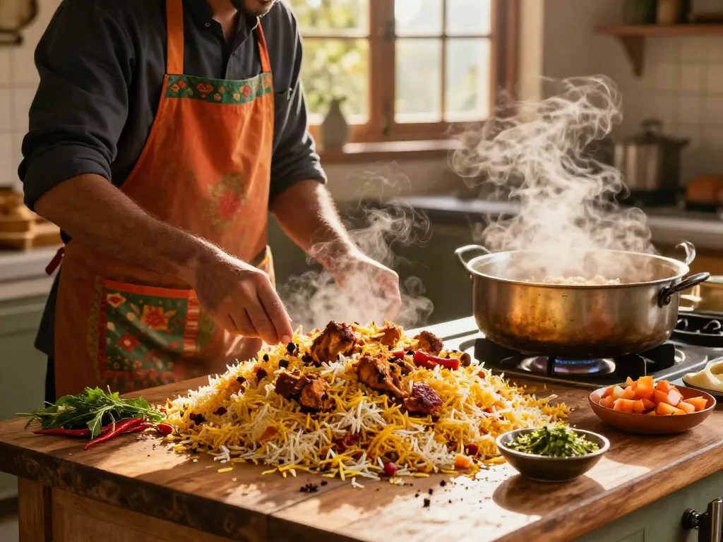 Delicious Pakistani chicken biryani recipe preparation with vibrant spices and fresh ingredients.