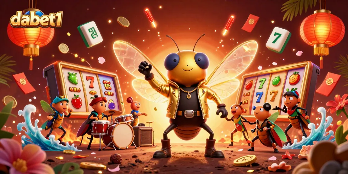 dabet1 captivates players with a lively scene featuring a cartoon cicada rock star and slot reels.