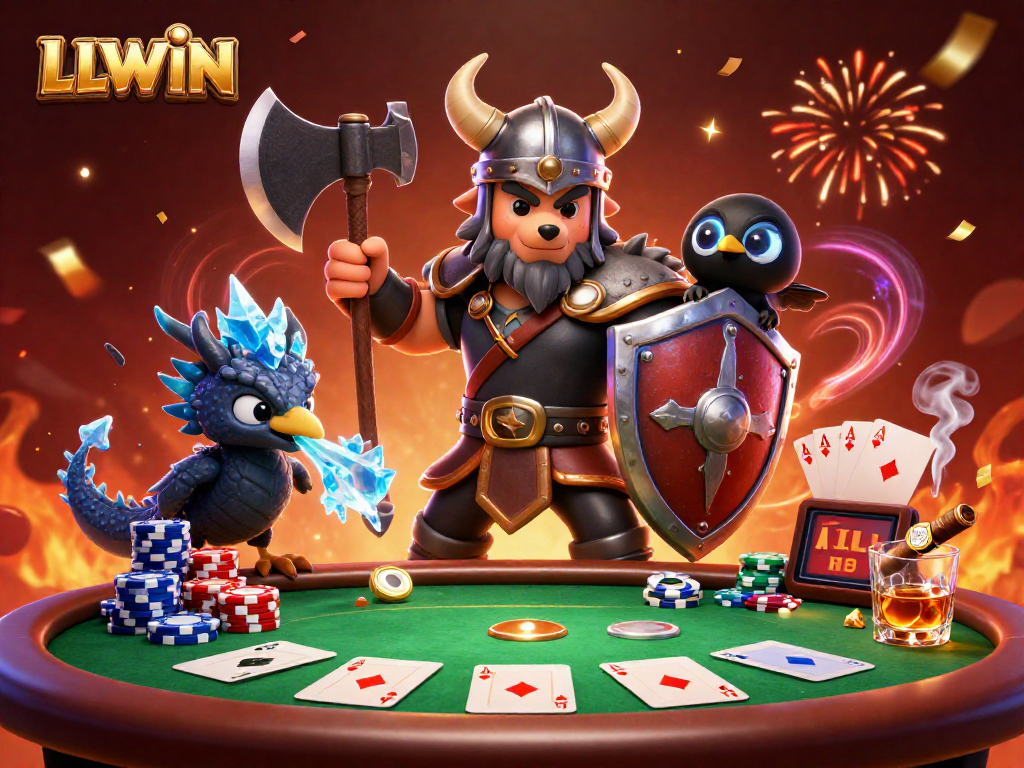 Experience the thrilling world of LLWIN with a Viking wolf warrior, fierce dragon, and poker action in vivid detail.