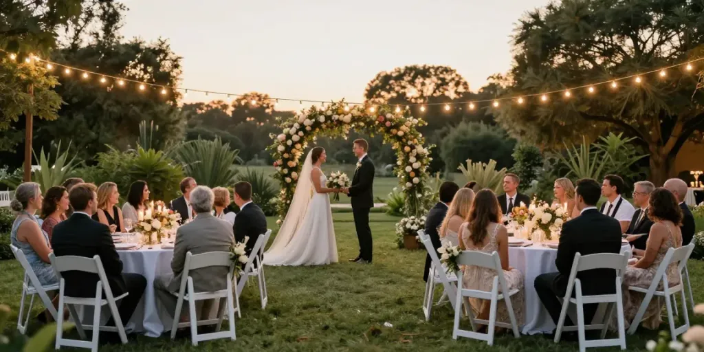 Outdoor wedding ceremony with event rentals, featuring elegant tables and floral arrangements under fairy lights.