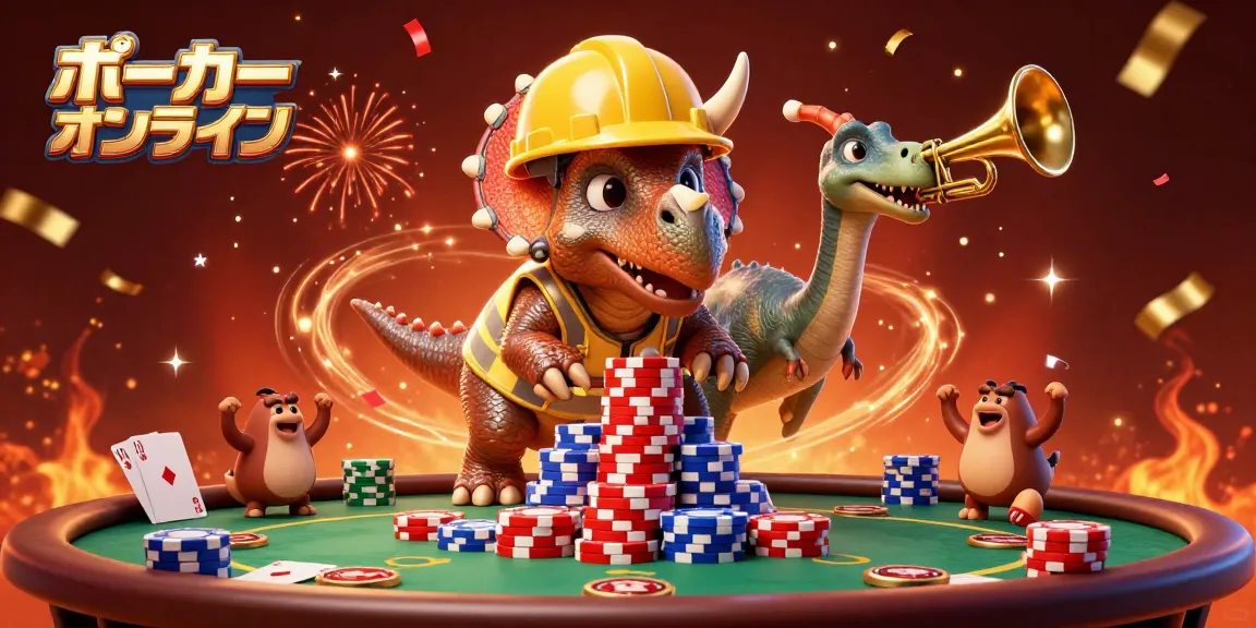 ポーカー オンラインでトリケラトプスがチップのピラミッドを構築するシーン